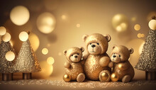 Bears. Three Bears For Christmas. Golden Firs. Golden Background. Bokeh. Wallpaper. Banner. Copy Space. Generative AI