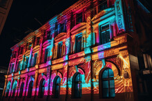 Colorful Light Projection Show On A Building Facade. Generative AI