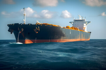 Wall Mural - Front view of a cargo tanker traveling over calm sea. Generative AI.