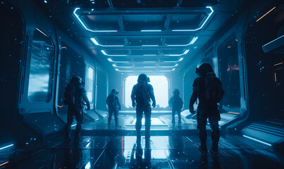 Wall Mural - Space team in protective suits standing inside the spaceship. Futuristic squad getting ready for the mission. Bright light at backdrop. Generative AI.