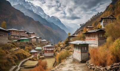 Wall Mural -  a village in the mountains surrounded by trees and grass with mountains in the background.  generative ai