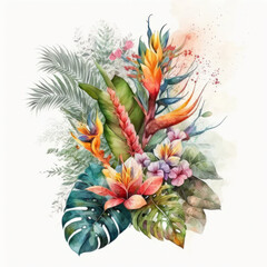 Wall Mural - Watercolor tropical flowers. Illustration AI Generative