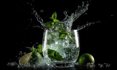 Sticker -  a glass of water with limes and mints in it.  generative ai