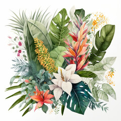 Poster - Watercolor tropical leaves. Illustration AI Generative.