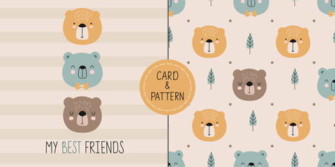 Seamless childish pattern with cute bear, trees and dots. Three cute bears with a quote are My best friends. Animal seamless background. Scandinavian style element for t-shirt print