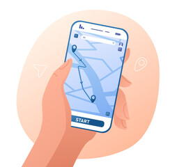 Poster - Concept of navigation. Character holds smartphone in hand with city map and route. Geolocation and GPS. Tourist and traveler in another country. App or software. Cartoon flat vector illustration