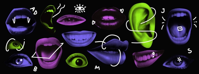 Wall Mural - Punk collage elements. Eyes and lips and ear in halftone treatment. Retro magazine clippings. Mouth on black background. Acid colors with white doodles Vector illustration Generative AI