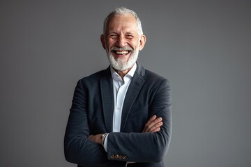 Happy laughing old bearded business man leader executive, smiling senior confident professional businessman wearing suit standing arms crossed isolated on white wall. Generative AI