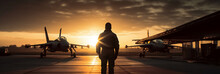 Sunset Backlit View Of Military Fighter Jet Pilot Beside Parked Military Airforce Plane Next To Barracks Or Hangar As Wide Banner With Copyspace Area For World War Conflicts. AI Generative