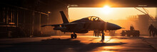 Sunset backlit view of military fighter jet pilot beside parked military airforce plane next to barracks or hangar as wide banner with copyspace area for world war conflicts. AI generative