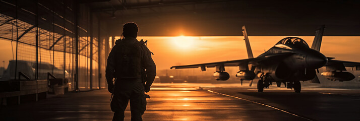 Wall Mural - Sunset backlit view of military fighter jet pilot beside parked military airforce plane next to barracks or hangar as wide banner with copyspace area for world war conflicts. AI generative