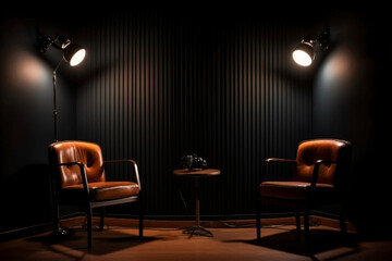 Two chairs and spotlights in podcast or interview room on dark background. AI generative