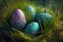 Illustration, Decorated Easter Eggs In The Grass, Generative Ai