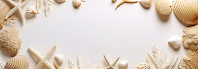 Sea shells and starfish isolated over white, summer beach backdrop. Beach vacation concept background with copy space. Created with generative Ai