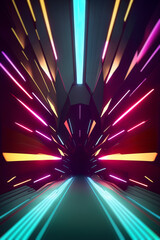 Poster - light stage with neon lights, pedestal podium. dynamic abstract sci-fi, technology room with orange 