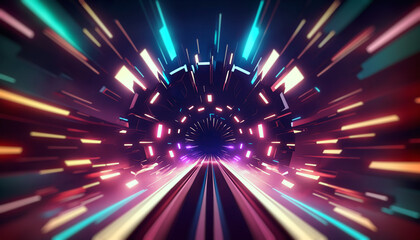 Poster - sci-fi neon tunnel, stage. dark abstract sci-fi, technology room with red and blue electric neon pil
