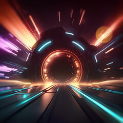 Poster - sci-fi neon tunnel, stage. dark abstract sci-fi, technology room with orange and blue electric neon 
