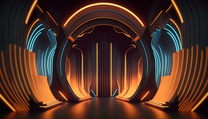 Poster - sci-fi curved stage, pedestal podium. dark abstract sci-fi, technology room with orange and blue ele