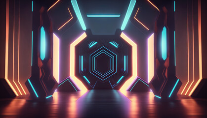 Poster - sci-fi light stage, corridor or hallway. technology room with blue and orange electric neon pillars 