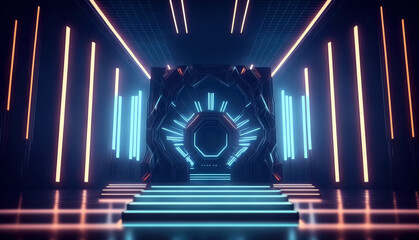 Poster - light stage, pedestal podium. dark abstract sci-fi, technology room with orange and blue electric ne