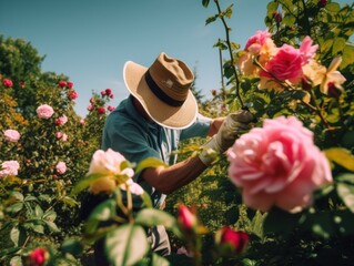 Wall Mural - A gardener in a hat is trimming or pruning a rose bush. AI generative image.