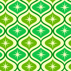 Wall Mural - Mid century modern atomic starburst on  lime green, jade green ogee ovals seamless pattern.