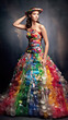 A woman in multicolored recycled plastic dress outfit, AI recycled costume idea