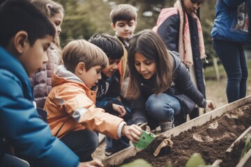 Wall Mural - A group of children and adults working in a garden. AI generative image.