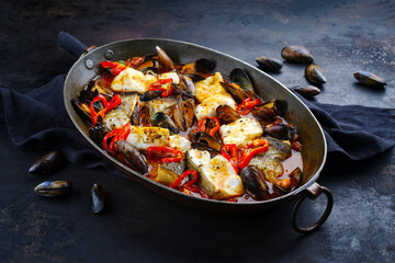 Wall Mural - Traditional French seafood bouillabaisse with cod fish and mussels in red wine tomato sauce served as close-up in a rustic copper casserole