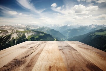 Wall Mural - a mountain range seen in the distance behind a table made of wood Generative AI Generative AI