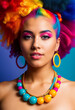 © Sergiy - Young cute beautiful girl close-up with bright wavy or curly rainbow multicolored hair and necklace on color background. Generative AI.