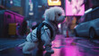 cute white puppy dog with futuristic combat suit on cyberpunk neon city street, Generative AI
