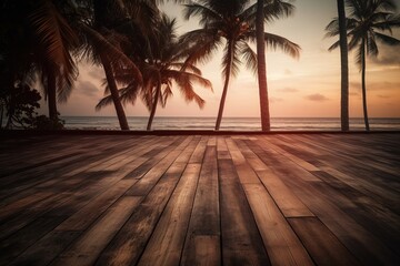 Wall Mural - a wooden platform in the front, with palm palms and the sea in the backdrop Generative AI Generative AI