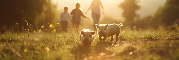 Cute small pigs grazing at summer defocused meadow. AI generative illustration.