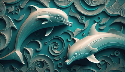 Wall Mural - 3d background with dolphins and waves. AI generative