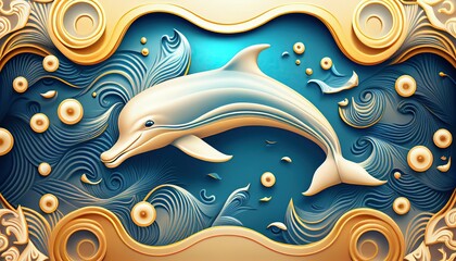 Wall Mural - 3d background with dolphin and waves. AI generative