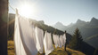 White clean sheets drying on a rope mountain view Generative AI