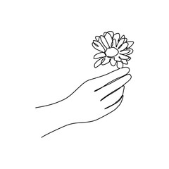 a hand is holding a beautiful flower on a white background in continuous line art drawing style. des