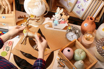 Wall Mural - Woman holding toy deer near table with many different stuff, above view. Garage sale