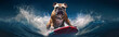 Generative AI image of a bulldog riding a surfboard