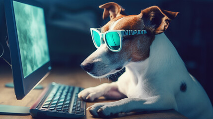Generative Ai image of a jack russell terrier looking at a laptop