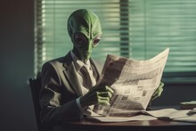 The alien reads the newspaper. Background with selective focus. AI generated, human enhanced