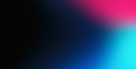 Wall Mural - Vibrant blue pink neon colors gradient on black grainy textured background, copy space