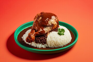 Mexican Rice And Chicken Mole. Dish of traditional Mexican food in minimalistic style. Mexican food on color background. Traditional food in Mexico. High angle shot. Generative AI