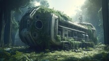Overgrown Space Station With Plants And Grass, Digital Art Illustration, Generative AI