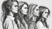 Graphite Pencil Illustration Of 4 Women In A Line, Made With Generative Ai