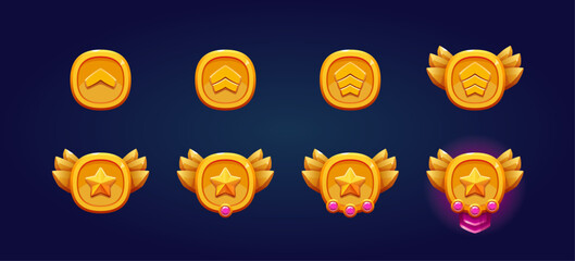 Rank patent gold badges set. Gemstone, star and wings. High quality illustrations. Perfect for games.