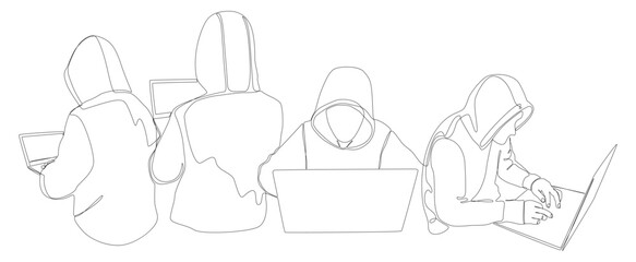 Poster - One continuous line of group of male people with laptop, workin as a developer or a Hacker. Thin Line Illustration vector concept. Contour Drawing Creative ideas.