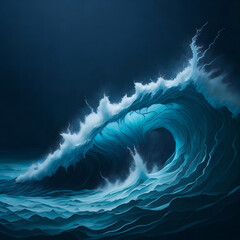 large dark blue waves rising to crash with a stormy background