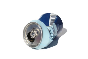 A crumpled aluminum can lies on a white isolated background.